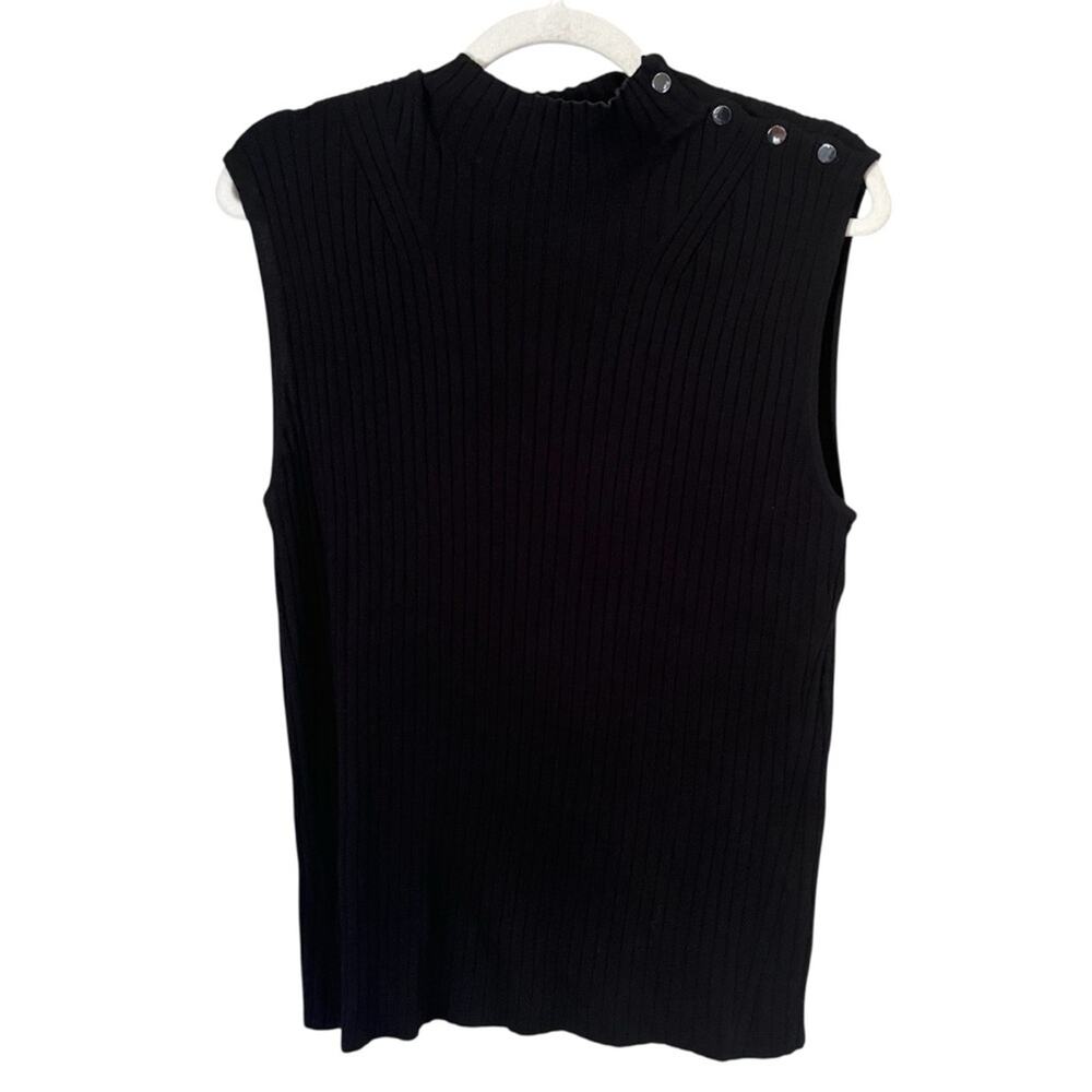St. John Ribbed Knit Sleeveless Mock Neck Sweater Shell Side Button Top Black L